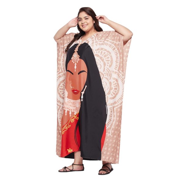 Women Plus Size Fit and Flare Tribal Printed Beige Kaftan Dress by Gypsie Blu - Picture 4 of 7